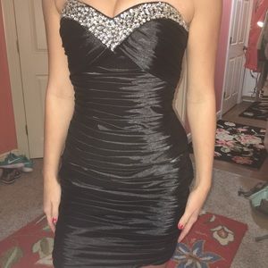 Black satin ruched dress jewel detail